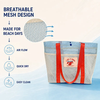 Mesh Travel Tote Bag, Lightweight Quick-Dry Beach and Pool Carryall, Open-Top Summer Casual Bag in Blue and White - product view 6