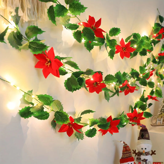 LED Christmas Garland, Battery-Operated Red Flower Holiday Decoration in 1-Set or 2-Set Options for Seasonal Displays - product view 1