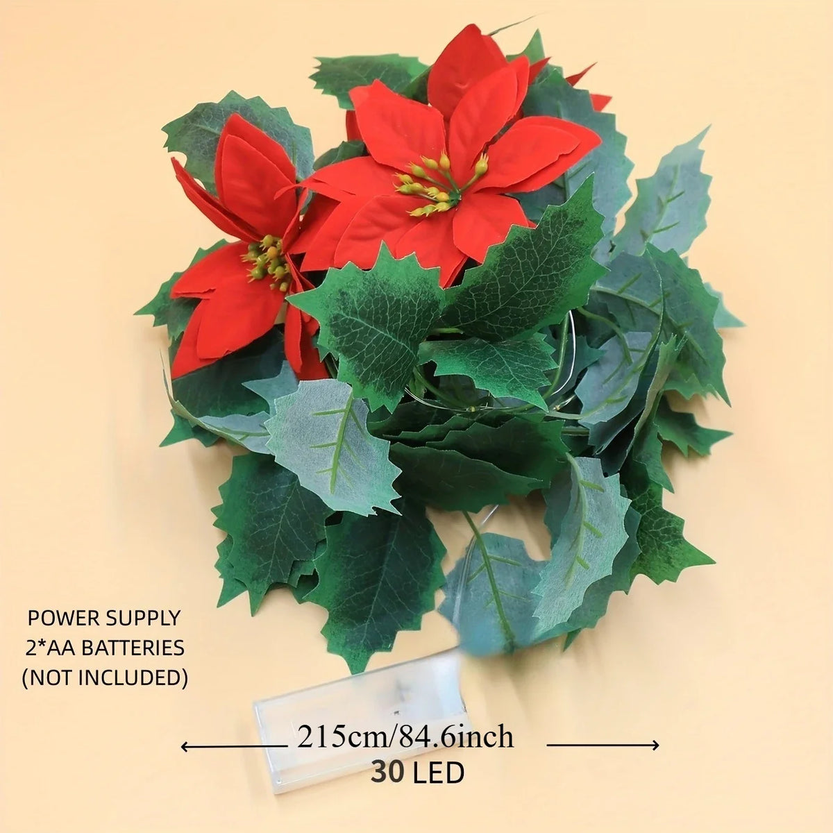 LED Christmas Garland, Battery-Operated Red Flower Holiday Decoration in 1-Set or 2-Set Options for Seasonal Displays - product view 2