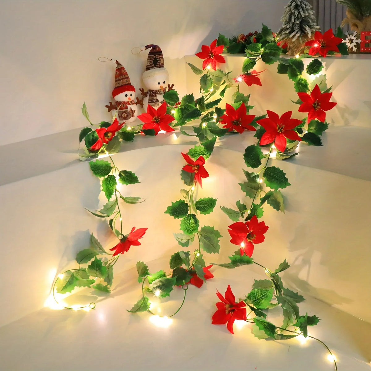 LED Christmas Garland, Battery-Operated Red Flower Holiday Decoration in 1-Set or 2-Set Options for Seasonal Displays - product view 3