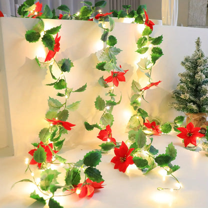 LED Christmas Garland, Battery-Operated Red Flower Holiday Decoration in 1-Set or 2-Set Options for Seasonal Displays - product view 4