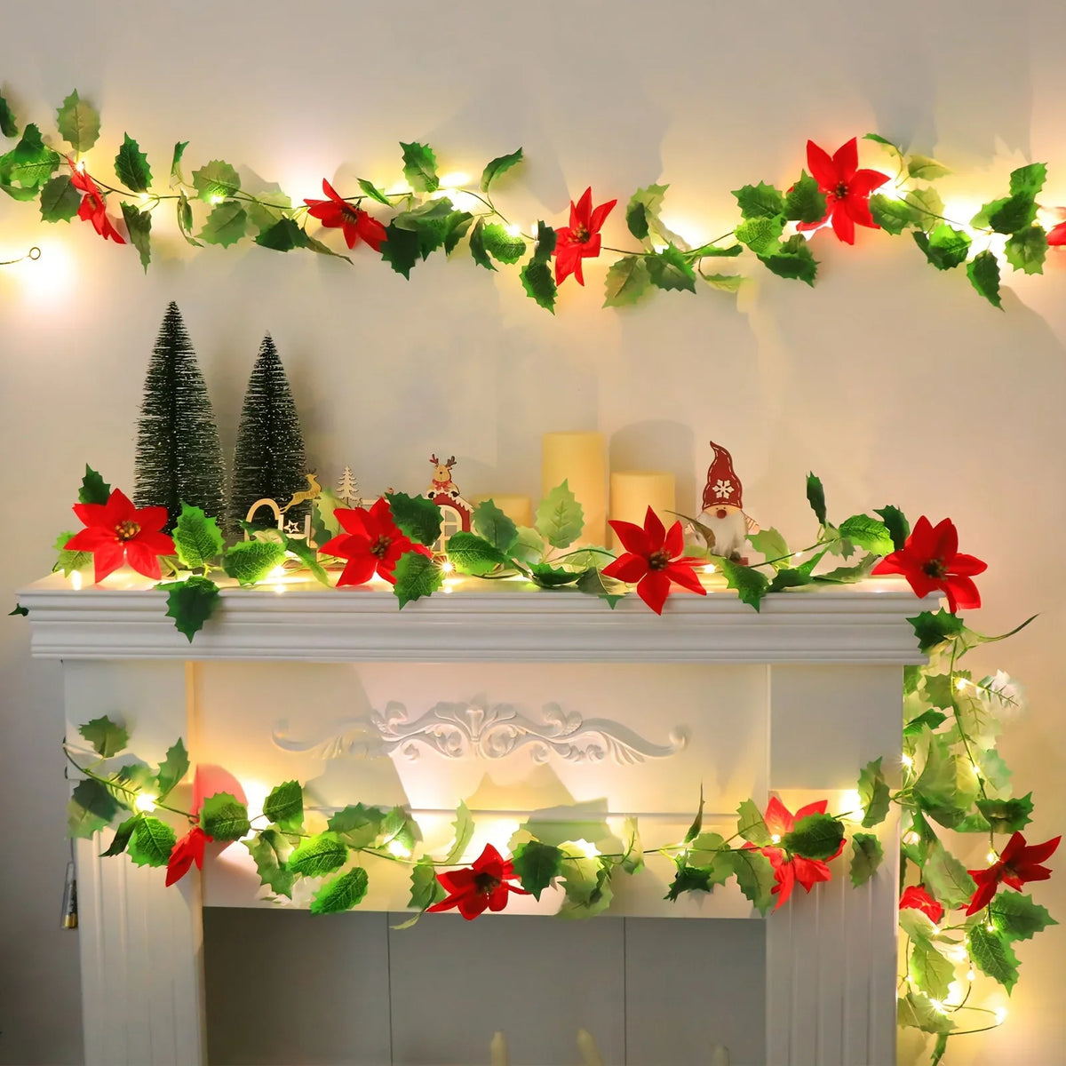 LED Christmas Garland, Battery-Operated Red Flower Holiday Decoration in 1-Set or 2-Set Options for Seasonal Displays - product view 5