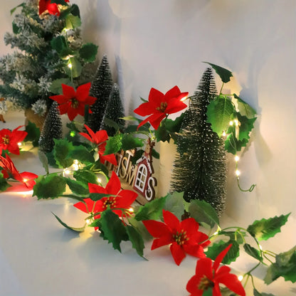 LED Christmas Garland, Battery-Operated Red Flower Holiday Decoration in 1-Set or 2-Set Options for Seasonal Displays - product view 6