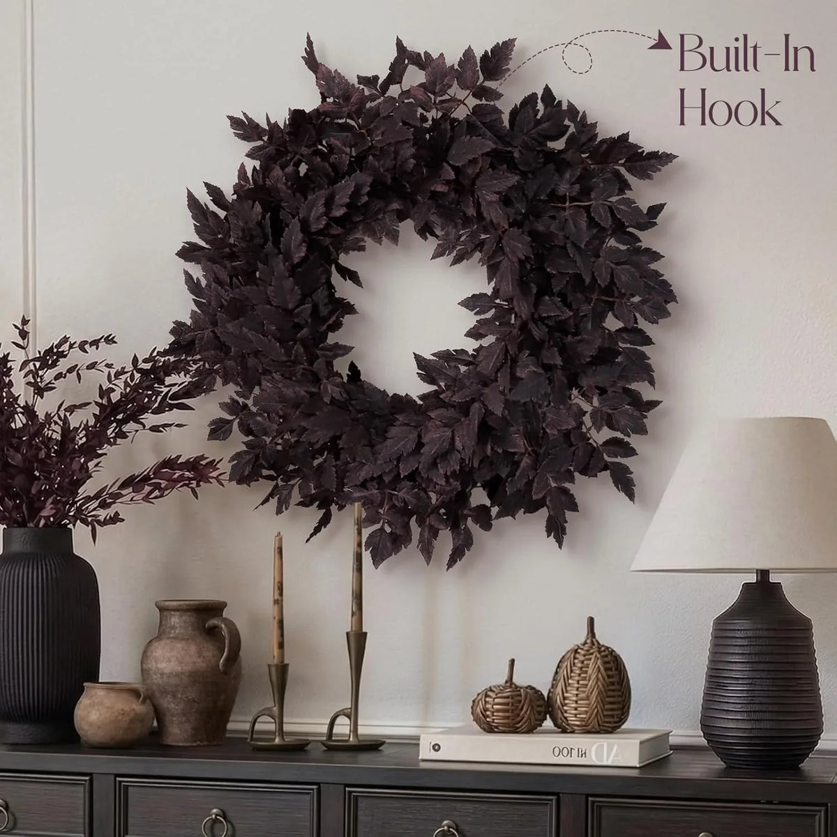 Artificial Halloween Leaf Wreath, 61 cm/24 in, Plastic Gothic-Style Door and Wall Decor, Brown - product view 5
