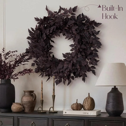 Artificial Halloween Leaf Wreath, 61 cm/24 in, Plastic Gothic-Style Door and Wall Decor, Brown - product view 5