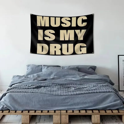 Music Is My Drug Tapestry, 100% Polyester Letter Wall Decor, Black and Brown Font, Three Size Options for Music-Lover Spaces - product view 2