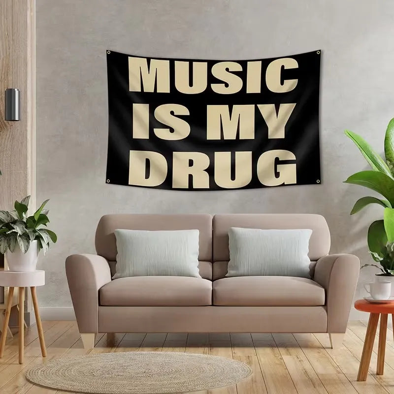 Music Is My Drug Tapestry, 100% Polyester Letter Wall Decor, Black and Brown Font, Three Size Options for Music-Lover Spaces - product view 4