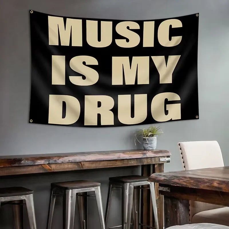 Music Is My Drug Tapestry, 100% Polyester Letter Wall Decor, Black and Brown Font, Three Size Options for Music-Lover Spaces - product view 5