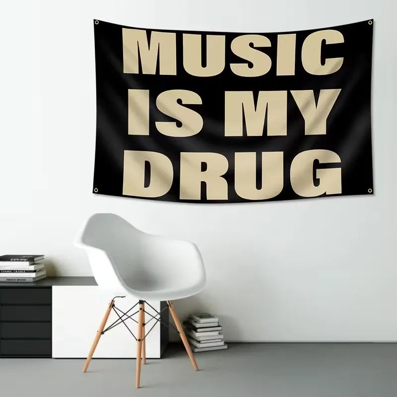 Music Is My Drug Tapestry, 100% Polyester Letter Wall Decor, Black and Brown Font, Three Size Options for Music-Lover Spaces - product view 6