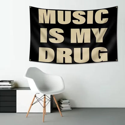 Music Is My Drug Tapestry, 100% Polyester Letter Wall Decor, Black and Brown Font, Three Size Options for Music-Lover Spaces - product view 6