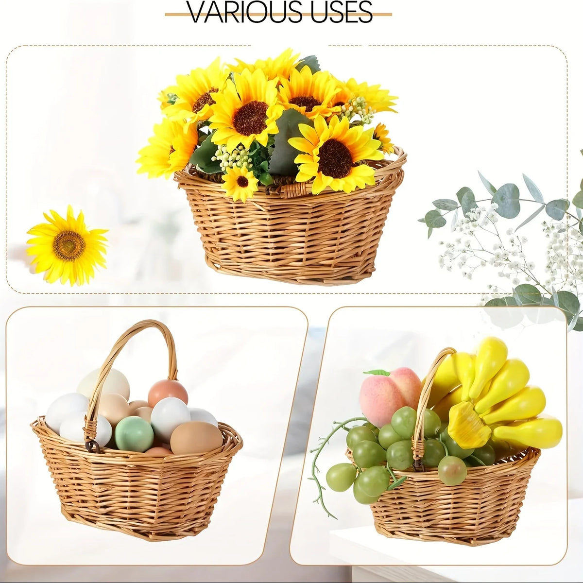 Wicker Easter Basket, Oval Willow-Weave Gift and Storage Basket with Bamboo Frame, Handle, Reusable for Picnic and Celebrations - product view 6