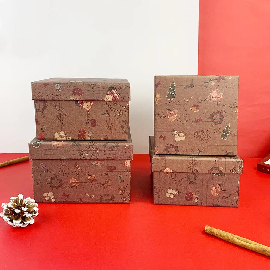 Vintage Christmas Nesting Gift Boxes, 4-Piece Kraft Paper Set, Stackable Santa Elk Print Boxes, 14.5 x 14.5 x 9.5 cm - product view 2