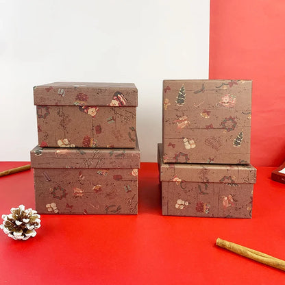 Vintage Christmas Nesting Gift Boxes, 4-Piece Kraft Paper Set, Stackable Santa Elk Print Boxes, 14.5 x 14.5 x 9.5 cm - product view 2