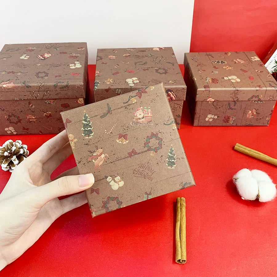 Vintage Christmas Nesting Gift Boxes, 4-Piece Kraft Paper Set, Stackable Santa Elk Print Boxes, 14.5 x 14.5 x 9.5 cm - product view 4