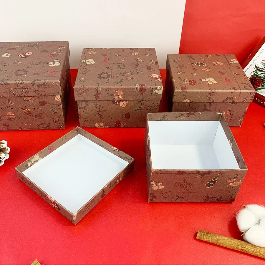 Vintage Christmas Nesting Gift Boxes, 4-Piece Kraft Paper Set, Stackable Santa Elk Print Boxes, 14.5 x 14.5 x 9.5 cm - product view 5