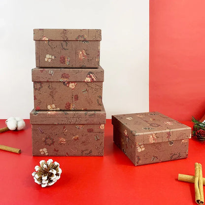 Vintage Christmas Nesting Gift Boxes, 4-Piece Kraft Paper Set, Stackable Santa Elk Print Boxes, 14.5 x 14.5 x 9.5 cm - product view 6