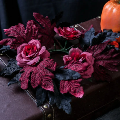 Halloween Rose Wreath Candle Holder Garland, Black and Red Artificial Floral Wall, Window and Tabletop Decoration - product view 2