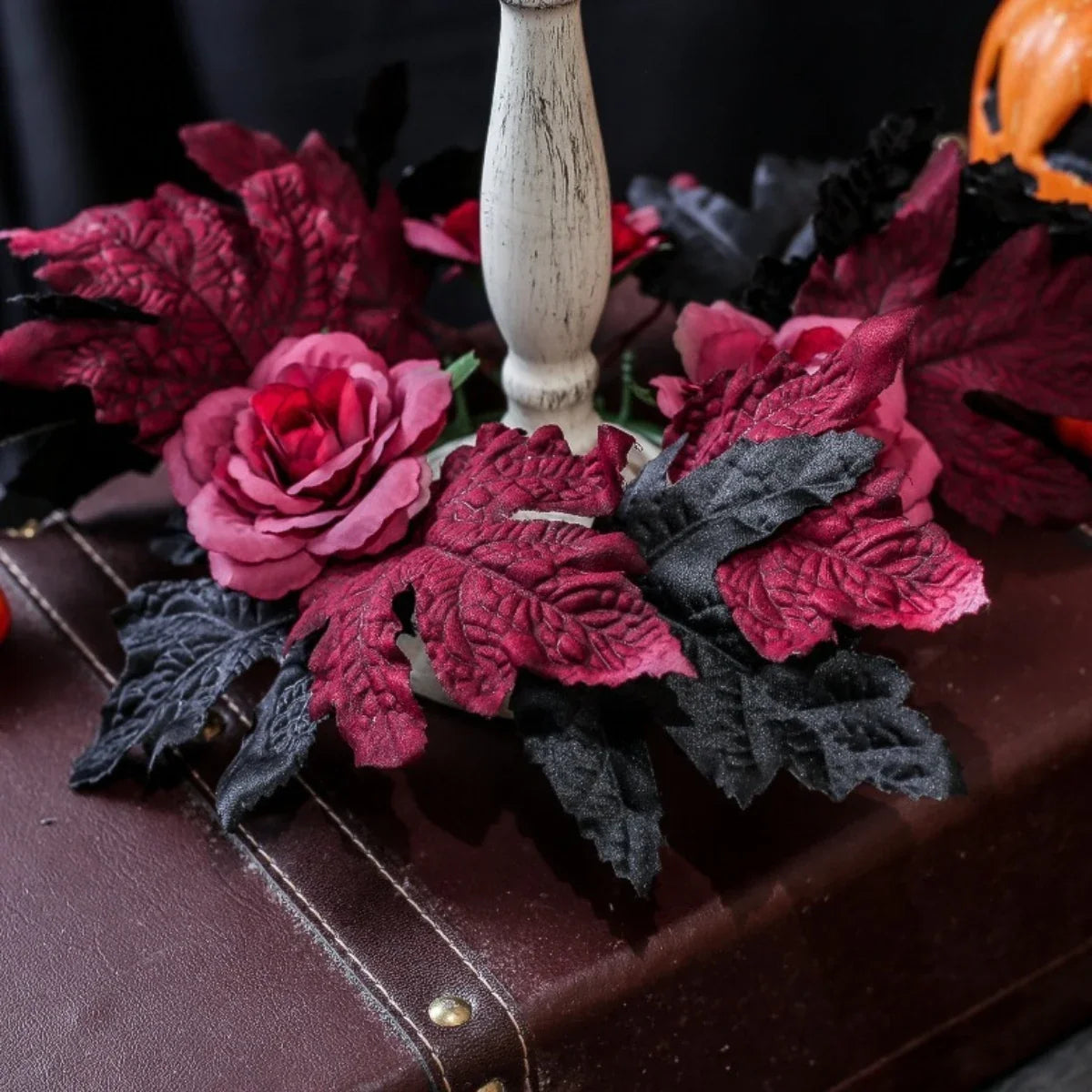 Halloween Rose Wreath Candle Holder Garland, Black and Red Artificial Floral Wall, Window and Tabletop Decoration - product view 3