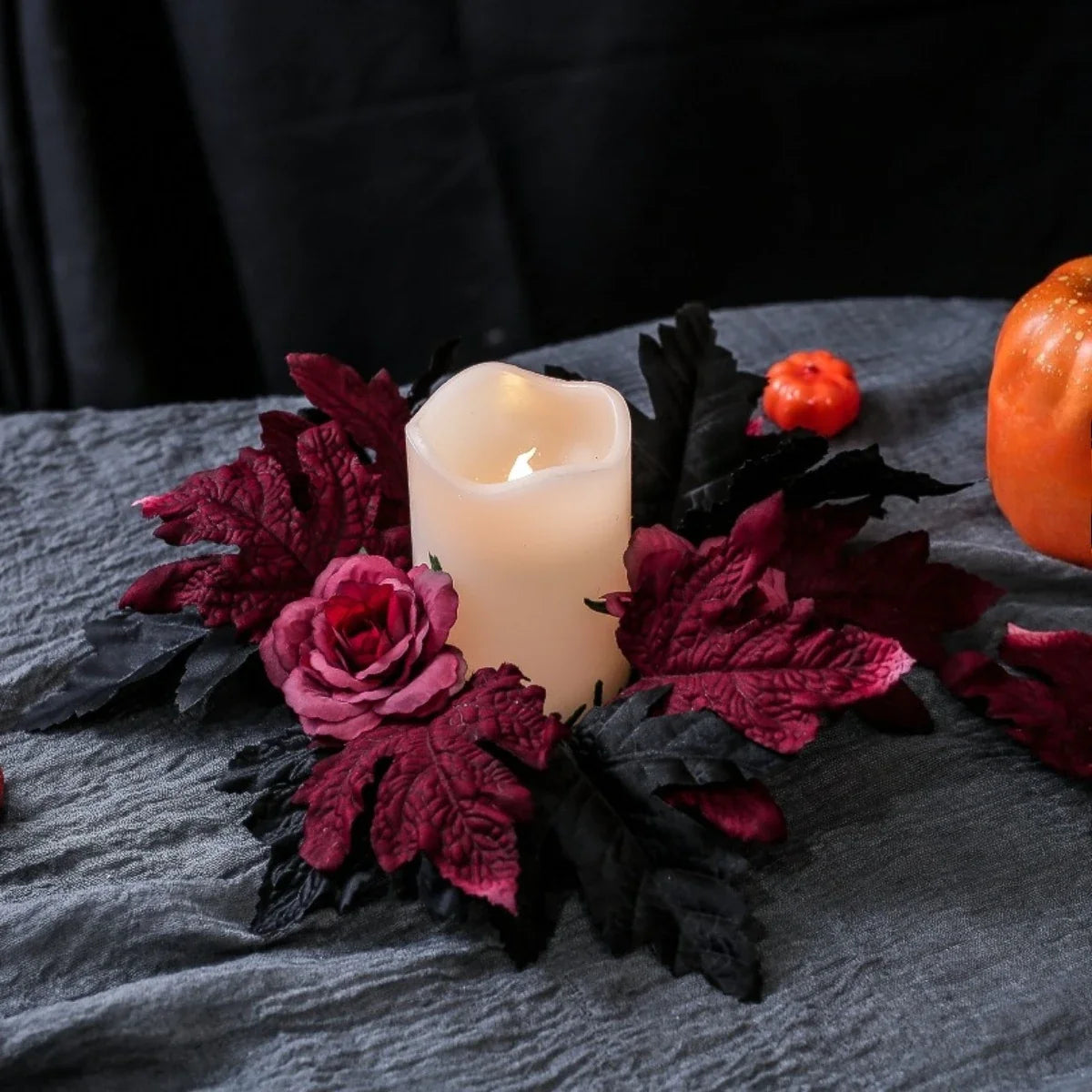 Halloween Rose Wreath Candle Holder Garland, Black and Red Artificial Floral Wall, Window and Tabletop Decoration - product view 4