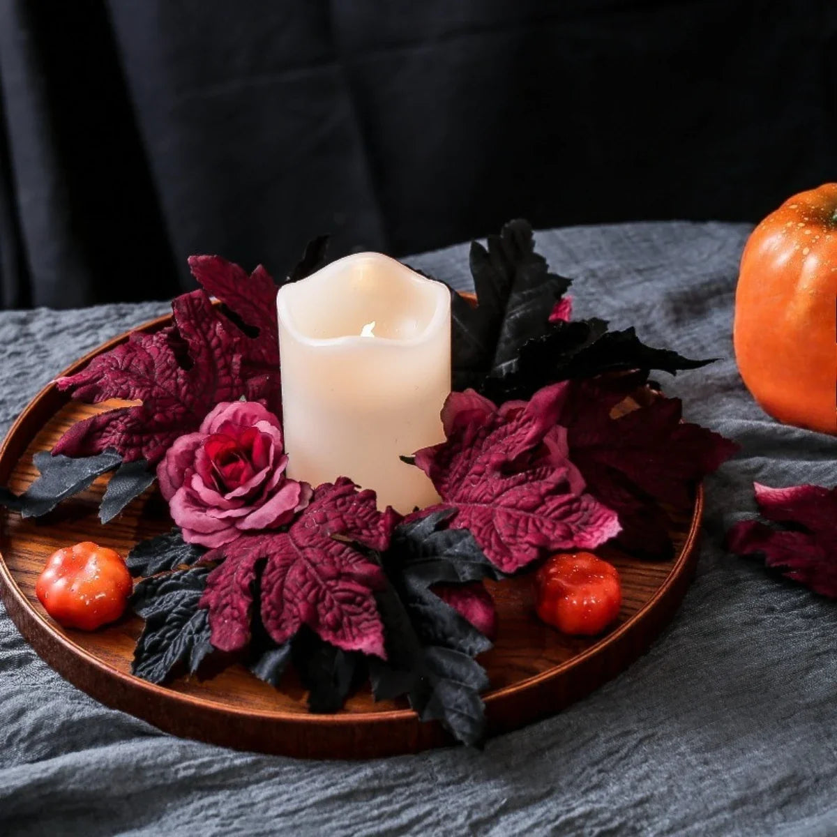 Halloween Rose Wreath Candle Holder Garland, Black and Red Artificial Floral Wall, Window and Tabletop Decoration - product view 5