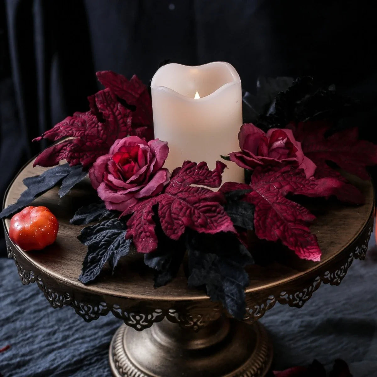 Halloween Rose Wreath Candle Holder Garland, Black and Red Artificial Floral Wall, Window and Tabletop Decoration - product view 6