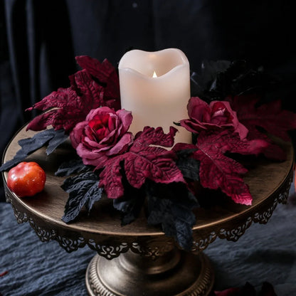 Halloween Rose Wreath Candle Holder Garland, Black and Red Artificial Floral Wall, Window and Tabletop Decoration - product view 6