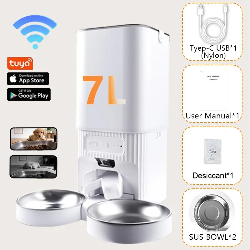7L Smart Automatic Pet Feeder, 1080P HD Camera, Tuya App Control, Dual Stainless Bowls, Two-Way Audio - product view 1