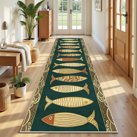 Mediterranean Fish Runner Rug, Nautical Wave Print, Machine Washable, Anti-Slip PVC Backing for Kitchen and Entryway - product view 1