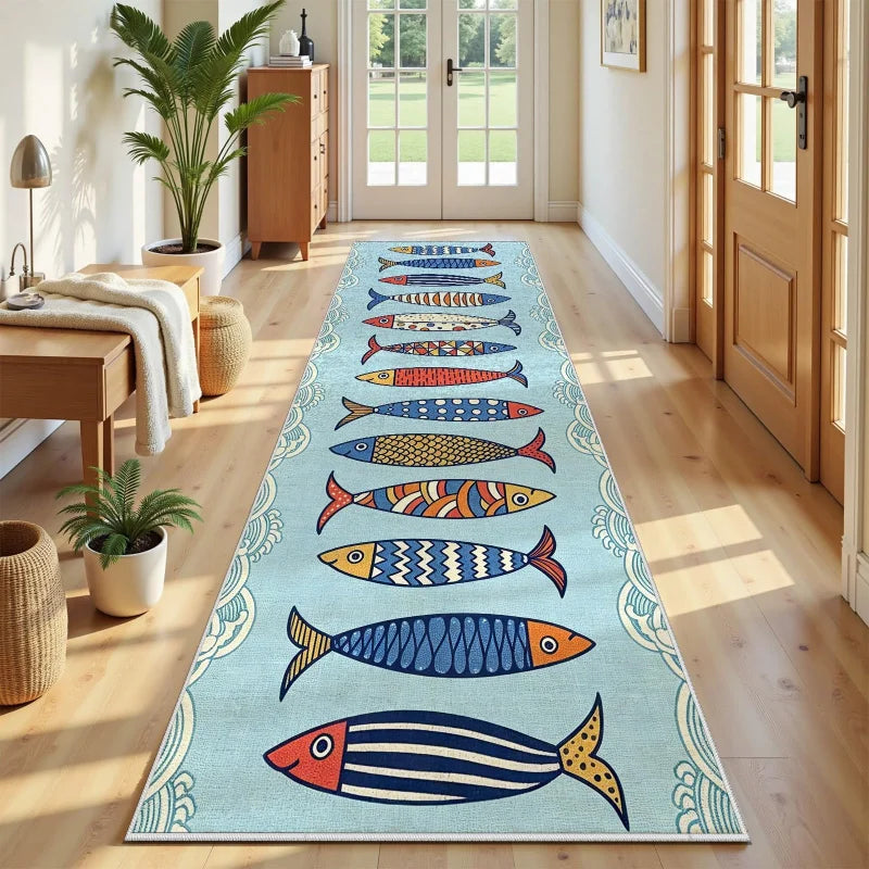 Mediterranean Fish Runner Rug, Nautical Wave Print, Machine Washable, Anti-Slip PVC Backing for Kitchen and Entryway - product view 5