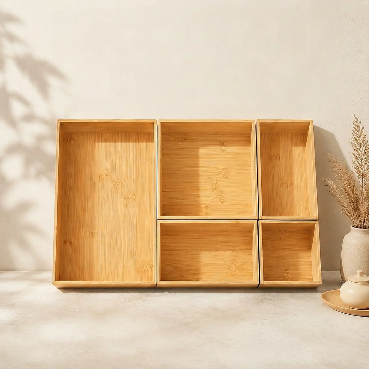 Bamboo Drawer Organizer Set, 5 Stackable Trays with 2 Removable Dividers for Kitchen Utensils, Makeup, Desk and Cabinet Storage - product view 2
