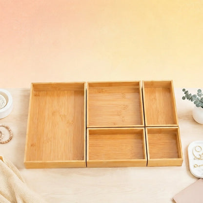 Bamboo Drawer Organizer Set, 5 Stackable Trays with 2 Removable Dividers for Kitchen Utensils, Makeup, Desk and Cabinet Storage - product view 3