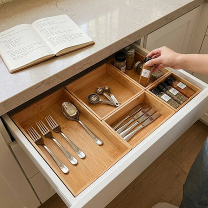 Bamboo Drawer Organizer Set, 5 Stackable Trays with 2 Removable Dividers for Kitchen Utensils, Makeup, Desk and Cabinet Storage - product view 4