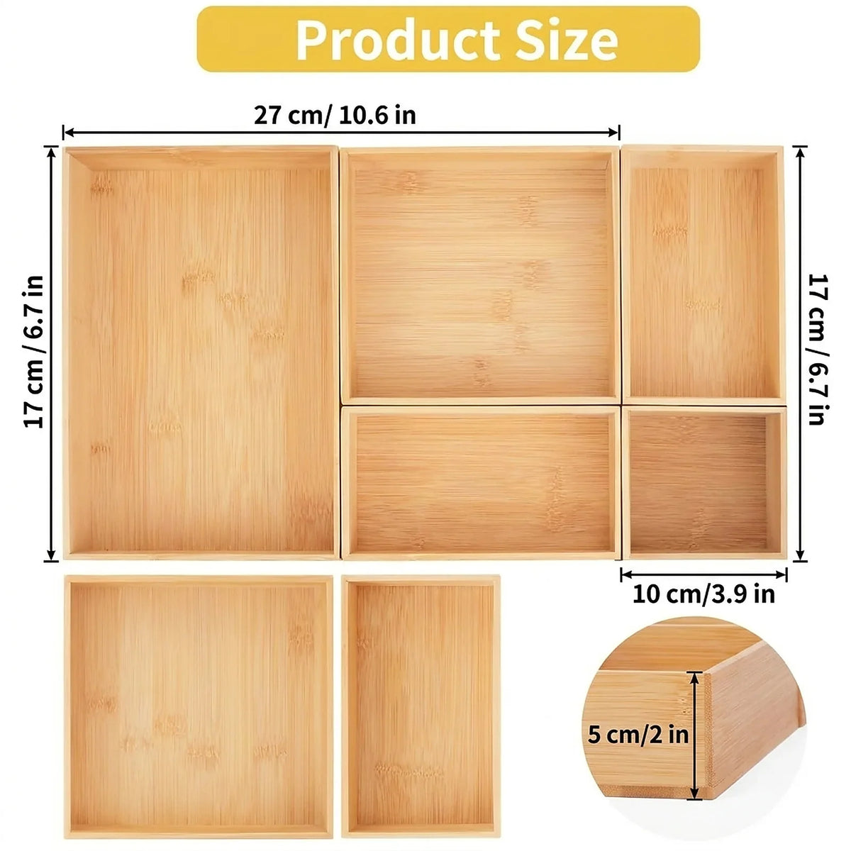 Bamboo Drawer Organizer Set, 5 Stackable Trays with 2 Removable Dividers for Kitchen Utensils, Makeup, Desk and Cabinet Storage - product view 5