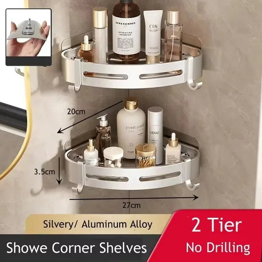 2-Tier Adhesive Shower Caddy, Aluminium Corner Shelf, No-Drill or Screw Mount, Adjustable Height, 5 kg Capacity - product view 1