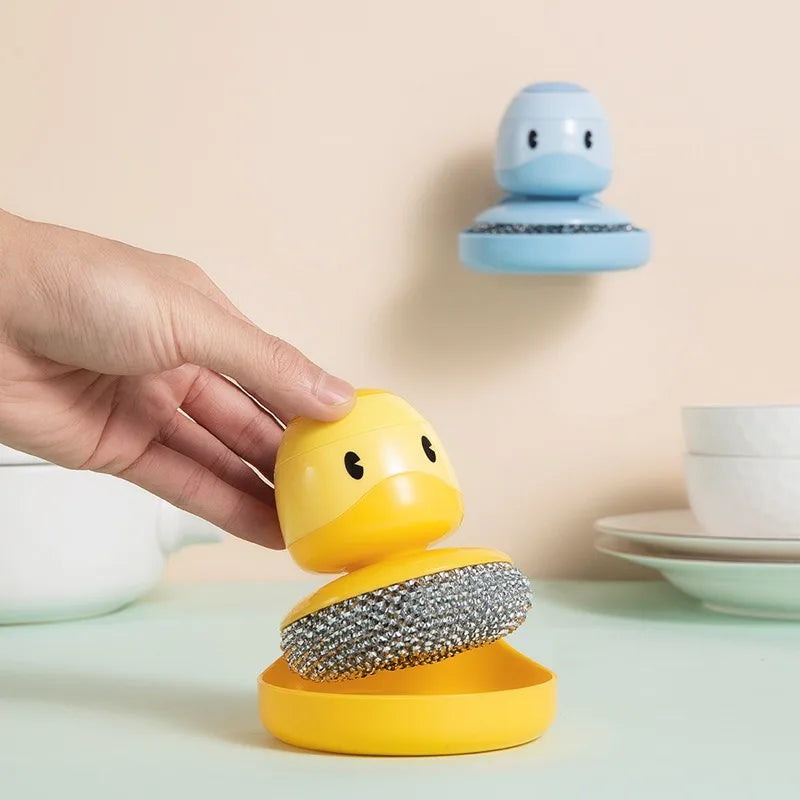 Duck Soap Dispensing Dish Brush, Handheld Kitchen Scrubber With Holder and Drip Tray, Yellow or Blue - product view 3