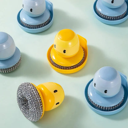 Duck Soap Dispensing Dish Brush, Handheld Kitchen Scrubber With Holder and Drip Tray, Yellow or Blue - product view 4