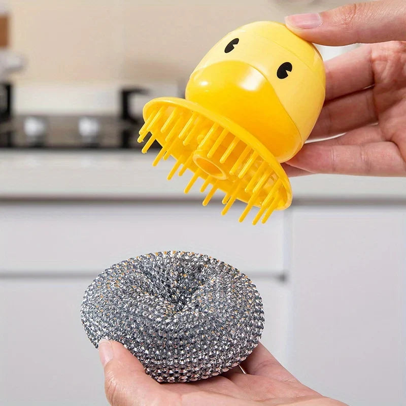 Duck Soap Dispensing Dish Brush, Handheld Kitchen Scrubber With Holder and Drip Tray, Yellow or Blue - product view 6