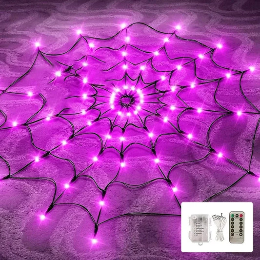 Halloween Spider Web Lights, 70 LEDs, 8 Remote-Controlled Modes, IP44 Water-Resistant, Orange or Purple, Battery Powered - product view 1