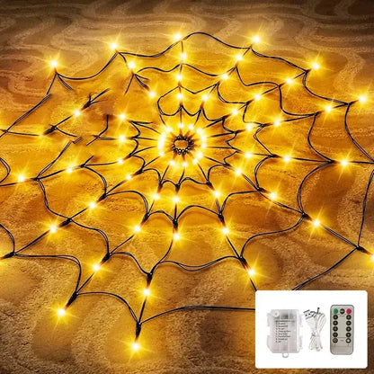 Halloween Spider Web Lights, 70 LEDs, 8 Remote-Controlled Modes, IP44 Water-Resistant, Orange or Purple, Battery Powered - product view 2