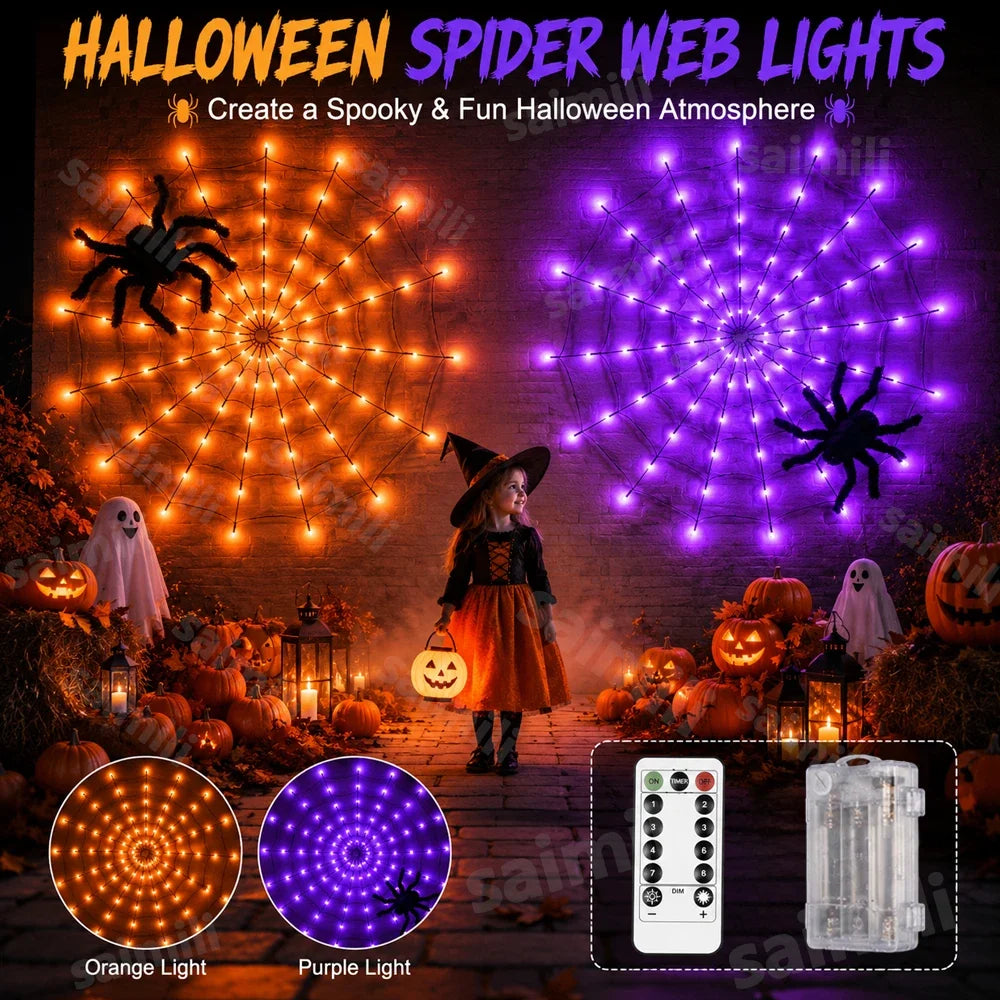 Halloween Spider Web Lights, 70 LEDs, 8 Remote-Controlled Modes, IP44 Water-Resistant, Orange or Purple, Battery Powered - product view 3