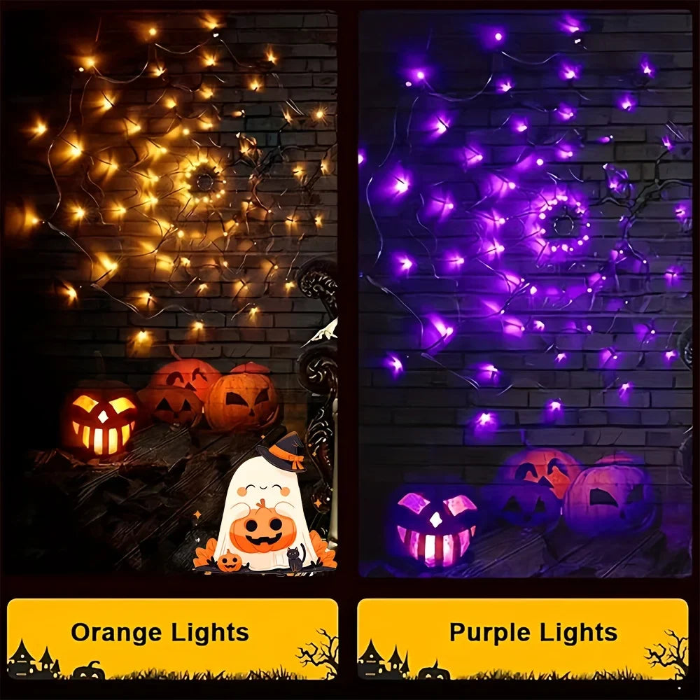 Halloween Spider Web Lights, 70 LEDs, 8 Remote-Controlled Modes, IP44 Water-Resistant, Orange or Purple, Battery Powered - product view 5