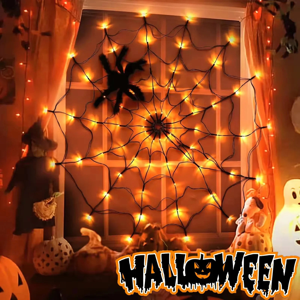 Halloween Spider Web Lights, 70 LEDs, 8 Remote-Controlled Modes, IP44 Water-Resistant, Orange or Purple, Battery Powered - product view 6