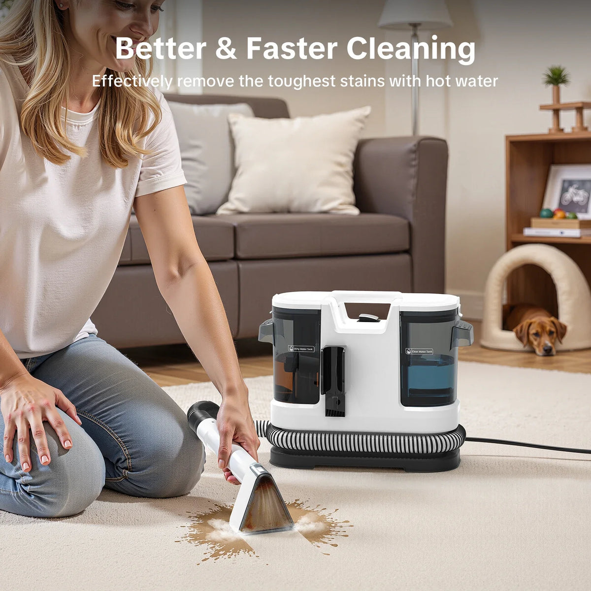 Portable Carpet Spot Cleaning Machine, Hot Water Cleaning, Handle Power Adjustment for Rugs, Upholstery, Pet Areas and Car Seats - product view 2