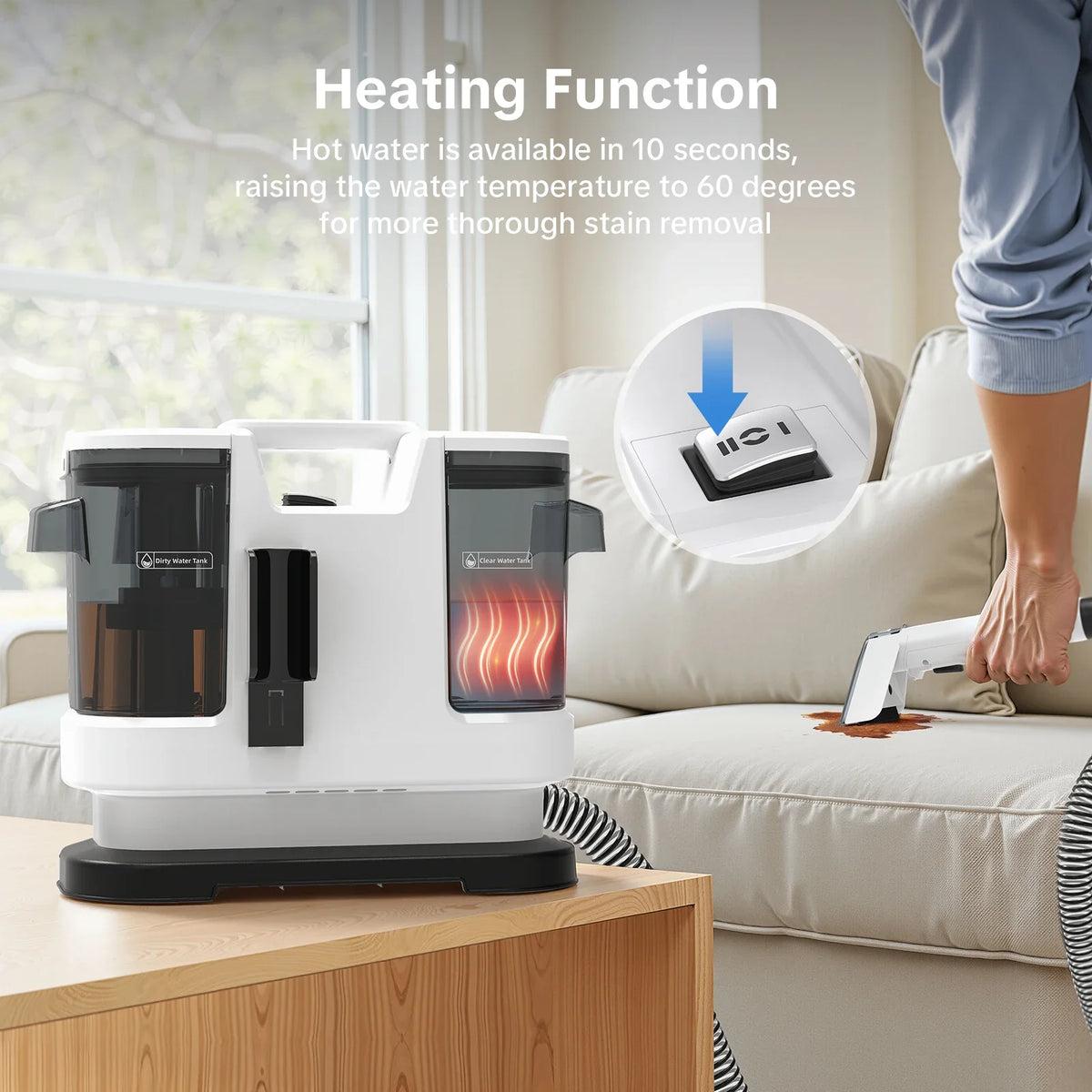Portable Carpet Spot Cleaning Machine, Hot Water Cleaning, Handle Power Adjustment for Rugs, Upholstery, Pet Areas and Car Seats - product view 3