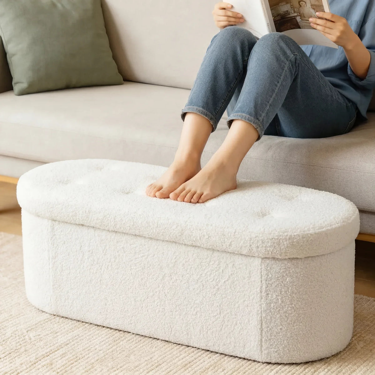 Faux Fur Storage Ottoman Footrest, Oval Folding Stool with Removable Dividers, 30 or 43 Inch Options in Black or White - product view 5