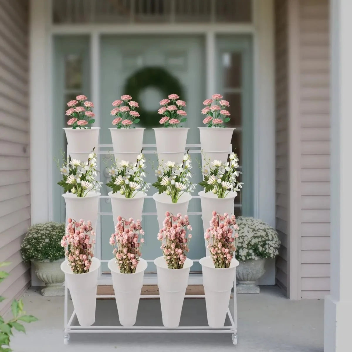 3-Tier Metal Plant Stand with 12 Plastic Buckets, 39.37 x 19.69 x 43.31 Inch White Flower Display Shelf - product view 2