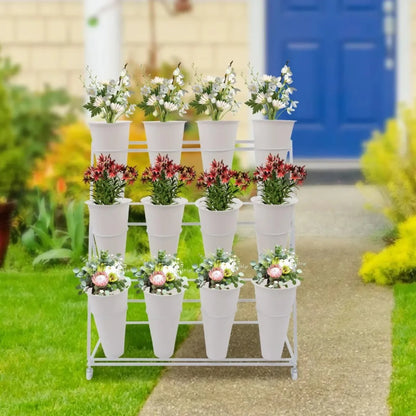 3-Tier Metal Plant Stand with 12 Plastic Buckets, 39.37 x 19.69 x 43.31 Inch White Flower Display Shelf - product view 3