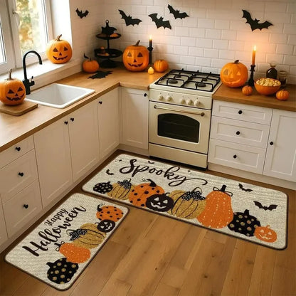 Halloween Kitchen Runner Rug, Pumpkin and Bat Cartoon Pattern, 100% Polyester Non-Slip Washable Floor Mat Set - product view 3