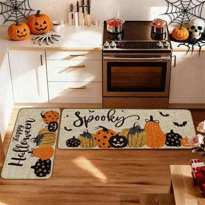 Halloween Kitchen Runner Rug, Pumpkin and Bat Cartoon Pattern, 100% Polyester Non-Slip Washable Floor Mat Set - product view 5