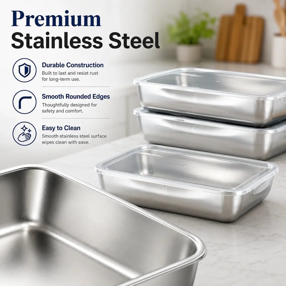 Stackable Metal Food Storage Containers with Lids, Rectangular Freezer-Safe Trays, 3, 6 or 9 Pieces for Kitchen Storage - product view 4